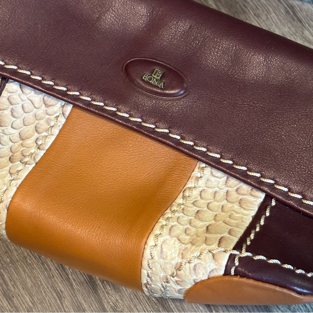 Bonia Brown and Cream Leather Crossbody bag with Textured Design